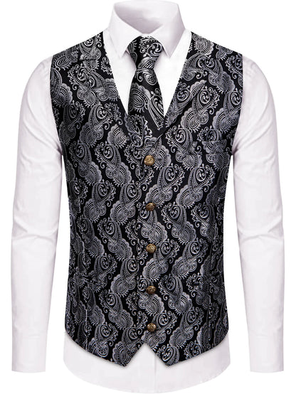 Men's Vest and Tie Set – Paisley Floral Waistcoat with Necktie for Weddings and Business Occasions