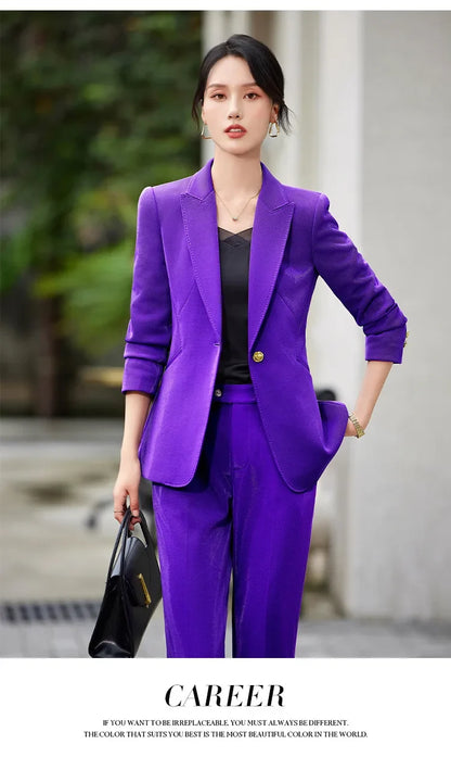 Office Ladies Formal Pant Suit 2 Piece Set Women Green Khaki Red Female Long Sleeve Business Work Wear Blazer Jacket And Trouser