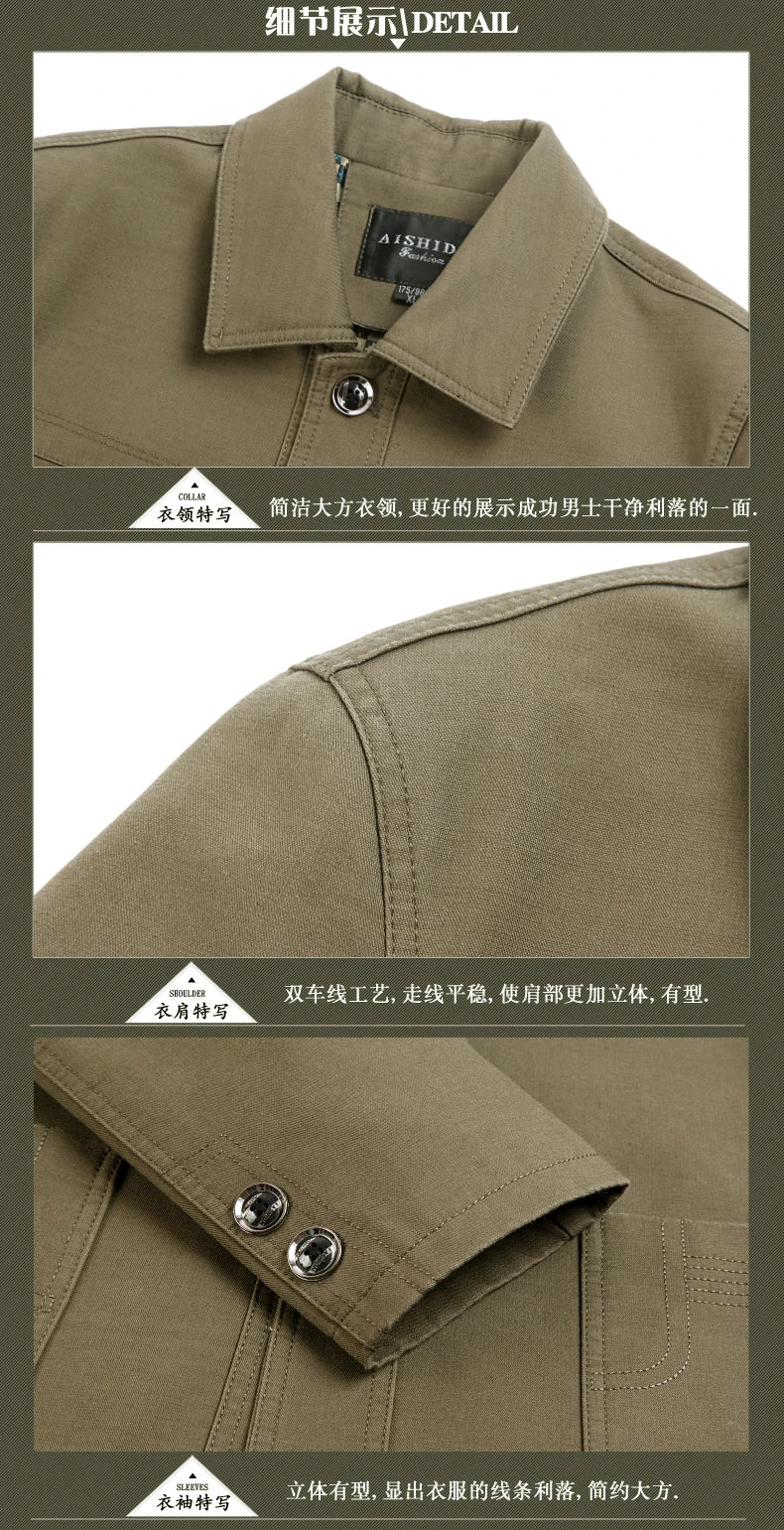 Men's Middle-Aged Cotton Jacket Spring Autumn Lapel Trench Coat Large Size with Buttons Fashionable Classic Outerwear