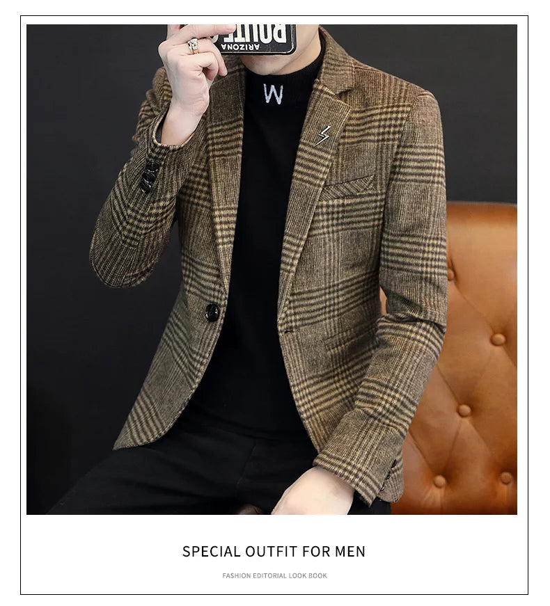 Men's Plaid Blazer Smart Casual Single Breasted Khaki Gray Autumn Office Jacket