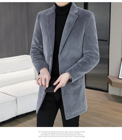 High-quality winter new style mid-length solid color men's fashionable and cool golden mink woolen trench coat with cotton