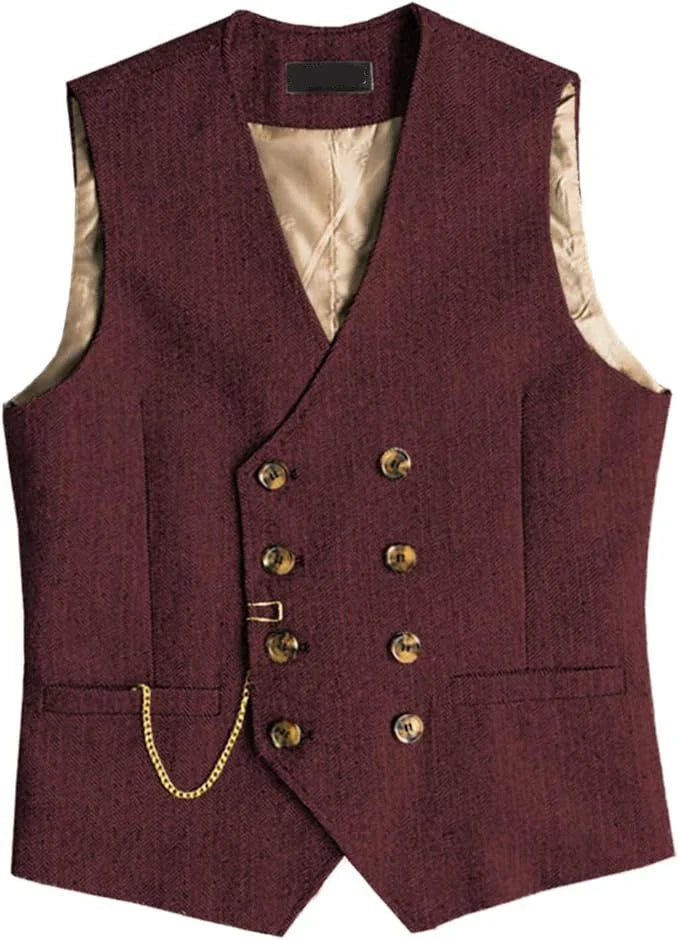 Men's Waistcoat Herringbone Double Breasted Vest for Wedding Banquet