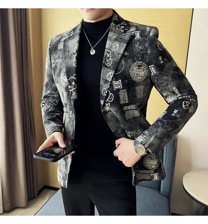 2024 Autumn Winter Jacquard Denim Suit Jacket for Men Fashion Business Casual Blazers Streetwear Social Men Clothing