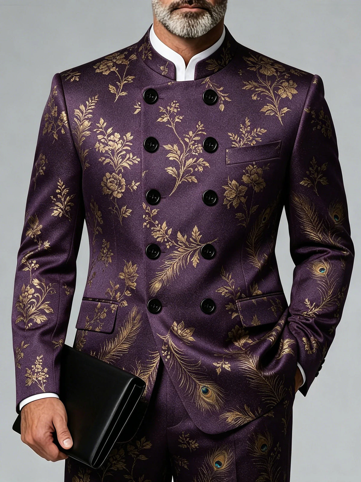 Men's Plus Size Classic Mandarin‑Collar Blazer Fashion Plaid Double‑Breasted Suit Jacket for Men Wedding Business Formal Party