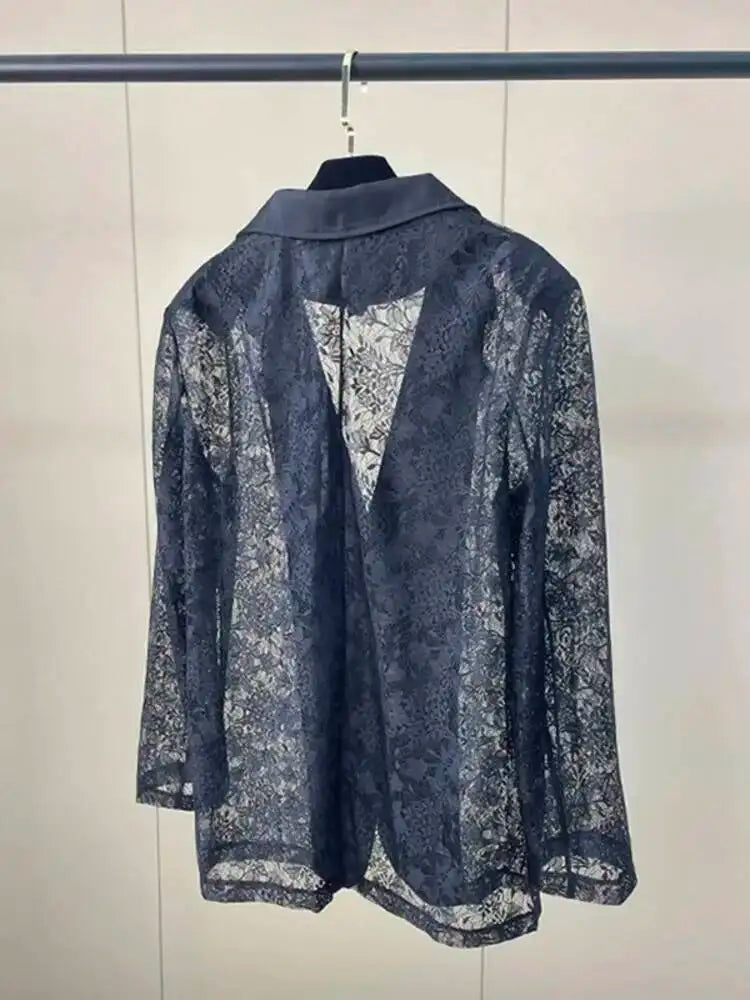Women Black Sheer Floral Lace Blazer Long Sleeve Lapel Collar Single Breasted See Through Loose Fit Casual wear 2026 new