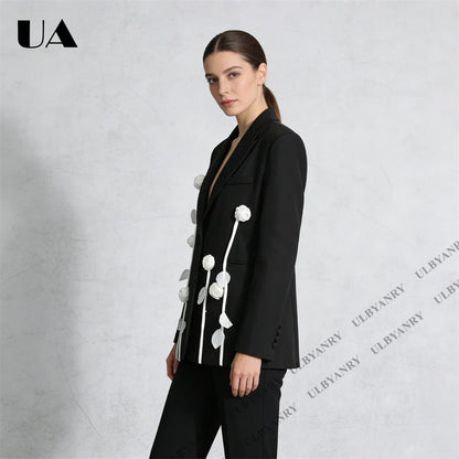 Unique Design Women’s Blazer – Black, 3D White Rose, Long Sleeve, Button Closure, Work Date Jacket Office Casual Jacket