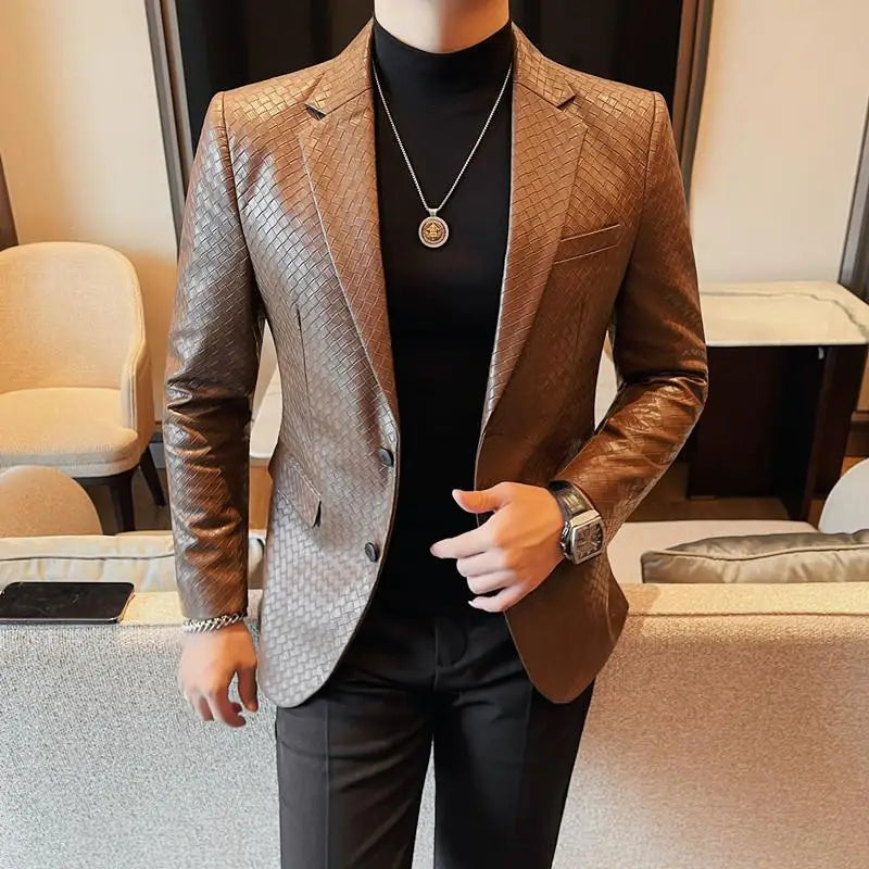 British Style Woven Suit Jacket Men Autumn Winter Lapel Casual Business Dress Coat Wedding Social Banquet Party Blazer Masculino