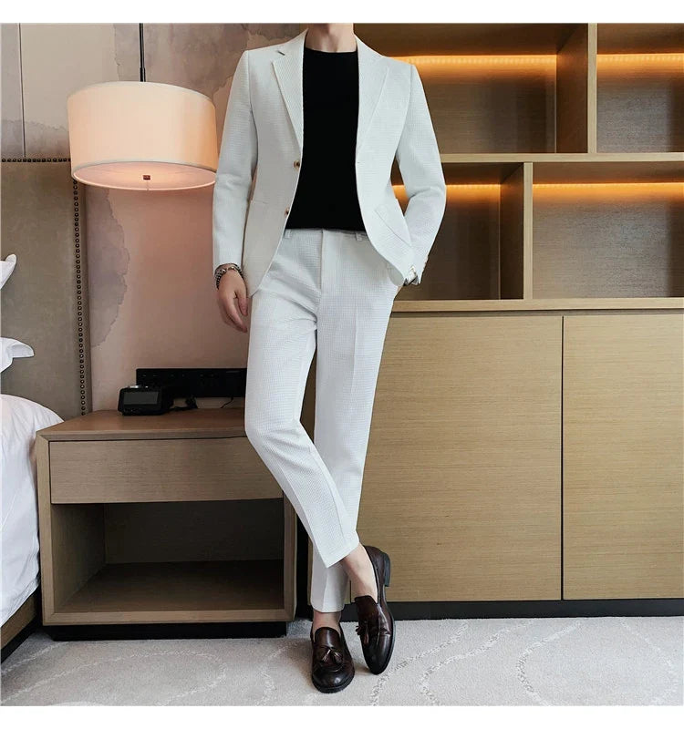 2025 New Waffle Blazers +Pant 2 Piece Set Men Fashion Business Slim Fit Solid Tuxedo Groom Wedding Prom Wear Casual Men's Sets