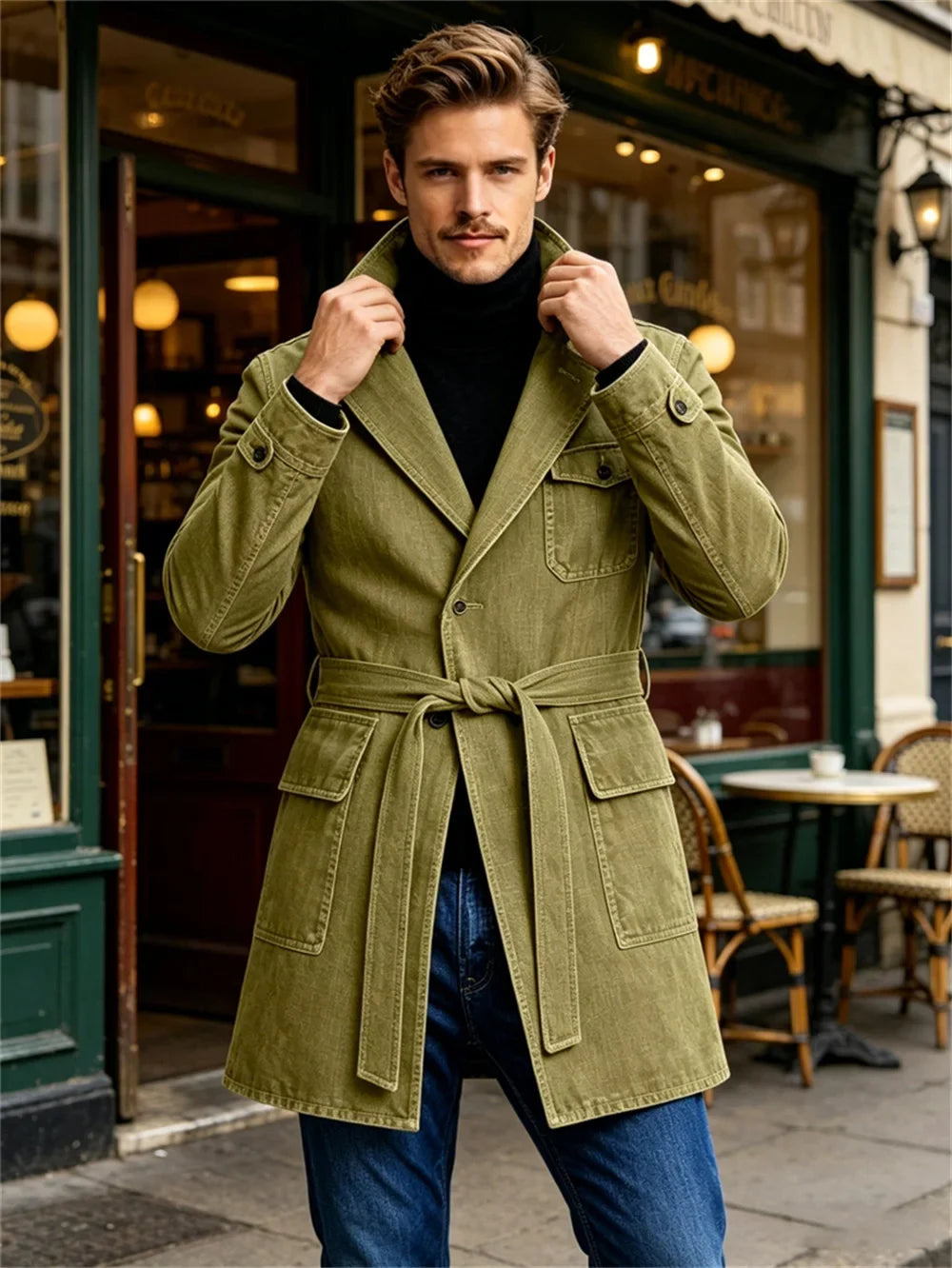 Men's Vintage Mid Length Belted Denim Trench Coat Notched Lapel Casual Workwear Outerwear Stylish Daily Streetwear Jacket