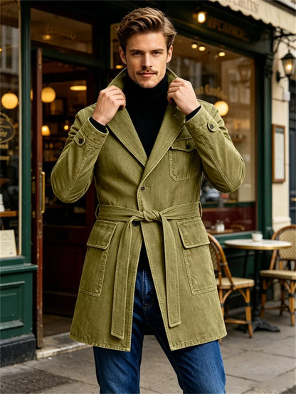 Men's Vintage Mid Length Belted Denim Trench Coat Notched Lapel Casual Workwear Outerwear Stylish Daily Streetwear Jacket