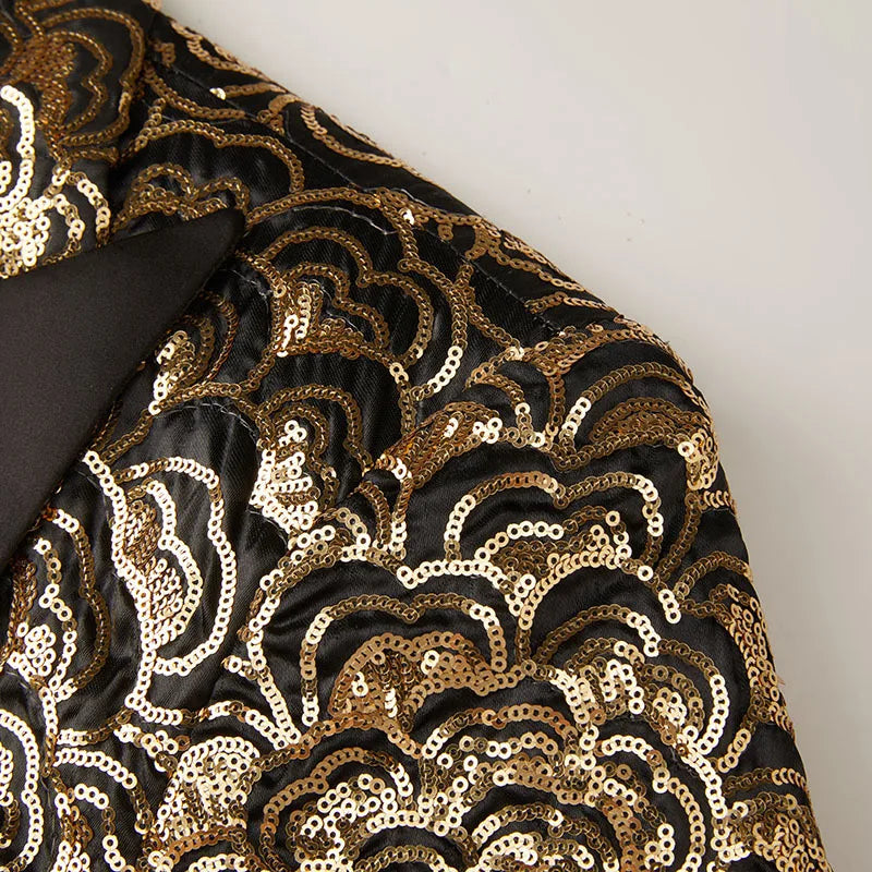 Men's Luxury Gold Sequins Suit Jacket Shawl Lapel Slim Wedding Party Blazers Bar Stage Singer Concert Glitter Tuxedo Dress Coat