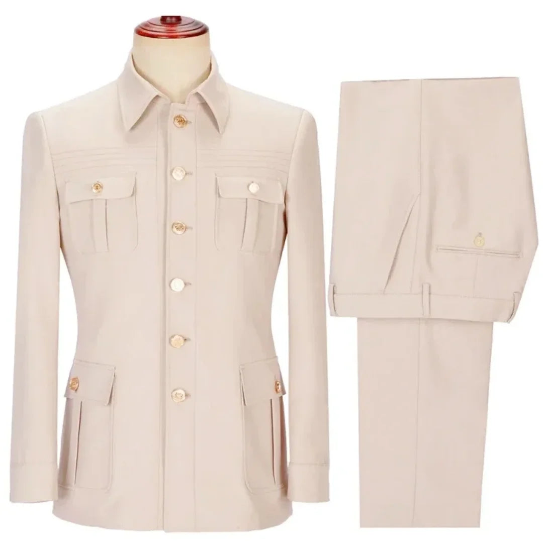 Men Suit 2 Pieces Beige Single Button With Pocket Solid For Wedding Banquet Birthday Party Business Work Jacket With Pants
