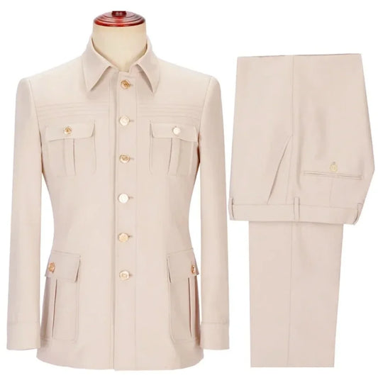 Men Suit 2 Pieces Beige Single Button With Pocket Solid For Wedding Banquet Birthday Party Business Work Jacket With Pants