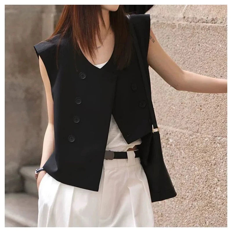Black Suit Vest Jacket Women Irregular Top 2025 Spring Summer New Double Breasted Casual Thin Shoulder Waistcoat Female Clothes