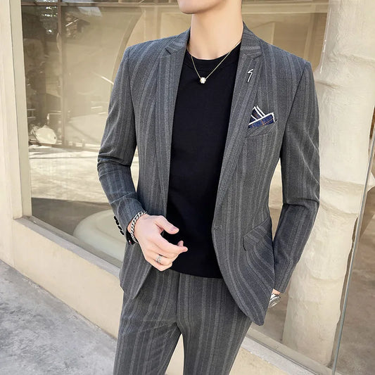 Men's Two-Piece Suit Set – Slim Fit Smart Casual Wedding & Business Style in Black & Dark Grey
