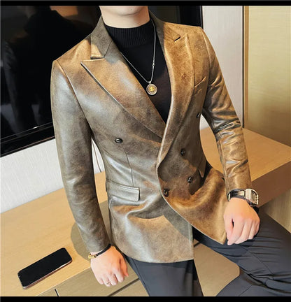 Brand Retro Leather Suit Jacket Men British Style Double Breasted Casual Business Blazers Wedding Groom Party Banquet Jackets