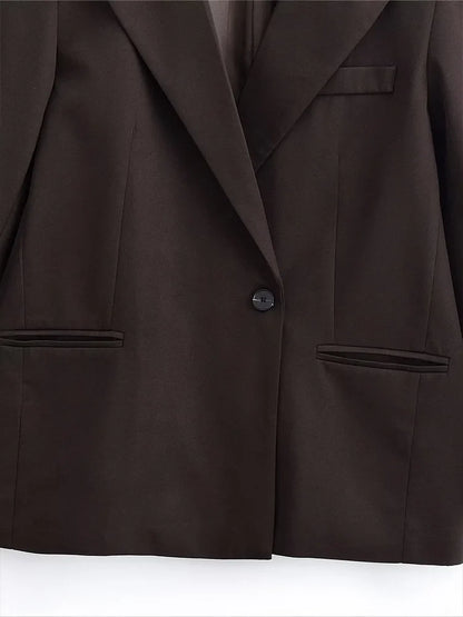 Autumn Women Fashion Solid Blazer Female High Street Pockets Turn-down Collar Single Button Commuter Casual Long Sleeve Coat