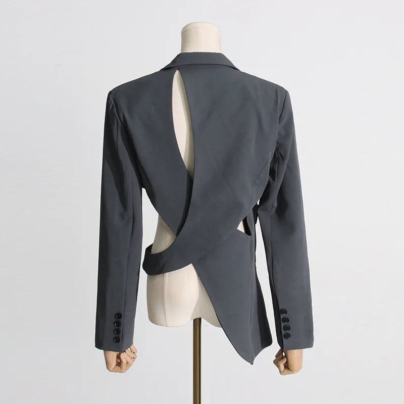 Women's Trendy Elegant High Street Hollow Out Design Pocket Slim Fit Coat Stylish Chic Asymmetric Long Sleeve Blazer HK8293