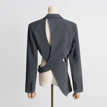 Women's Trendy Elegant High Street Hollow Out Design Pocket Slim Fit Coat Stylish Chic Asymmetric Long Sleeve Blazer HK8293