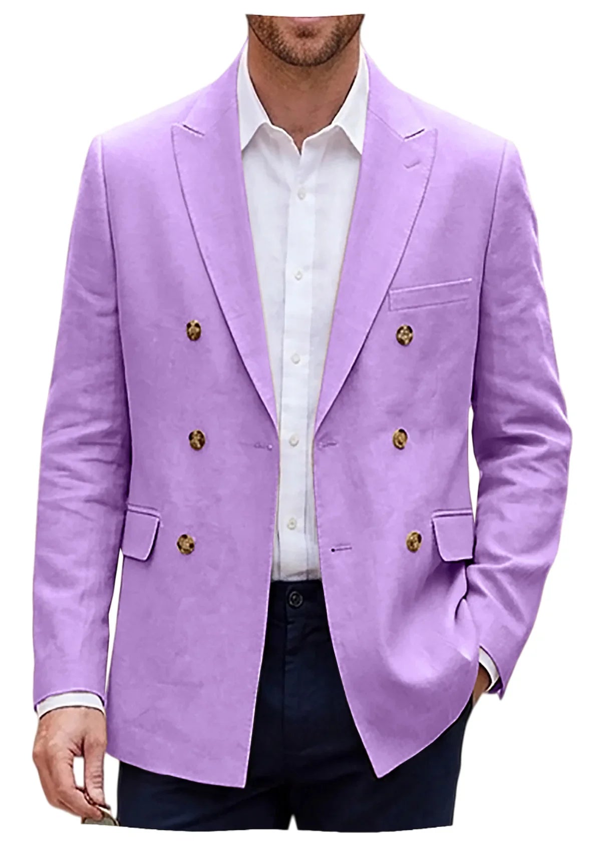 Men's Double Breasted Linen Blazer Slim Fit Suit Jacket Formal Business Casual Coat Wedding Party Spring Summer Streetwear