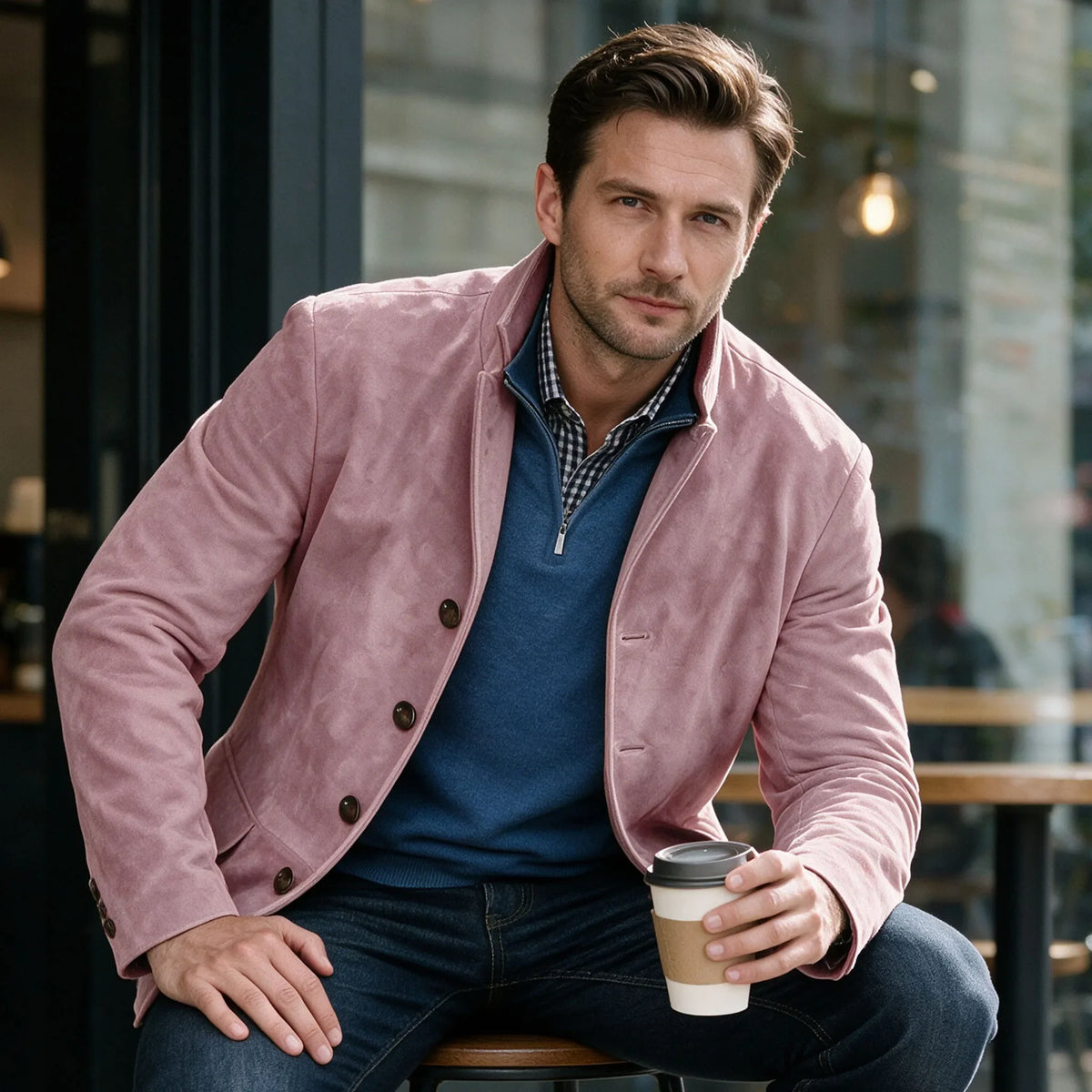 Men's Suede Blazer Single Breasted Slim Fit Classic Stand Collar Suit Jacket for Weddings & Daily Wear