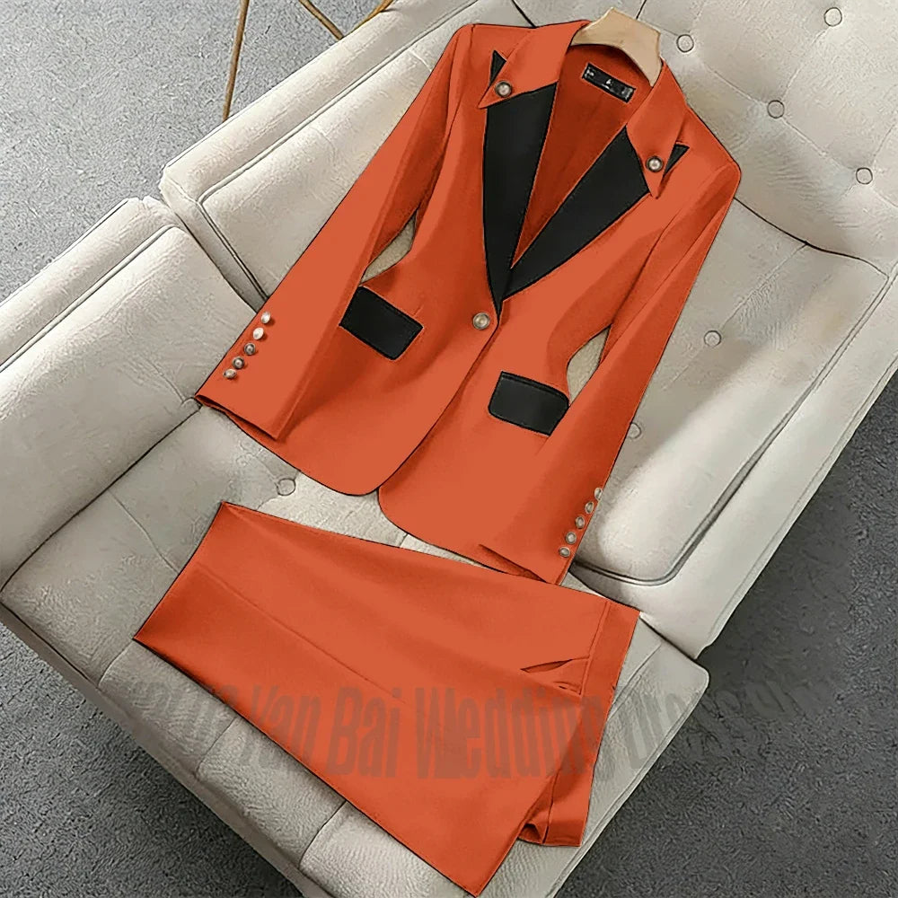 New Unique Women Pant Suit Contrast Color Modern Outfit One-Button Peaked Lapel Casual Fashion Daily Female Clothes Set 2 Piece