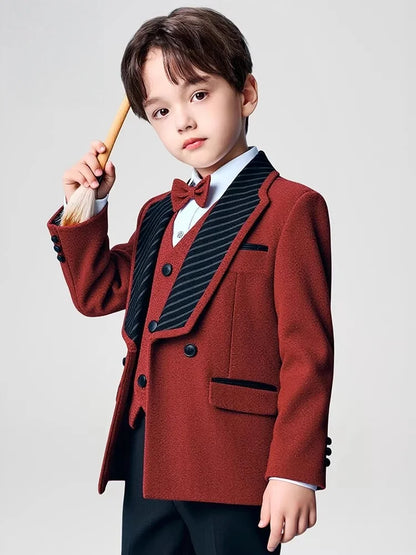 Spring Autumn Kids Blazer Vest Pants Bowtie 4Pieces Outfit Boy Birthday Party Wedding Host Piano Performance Costume