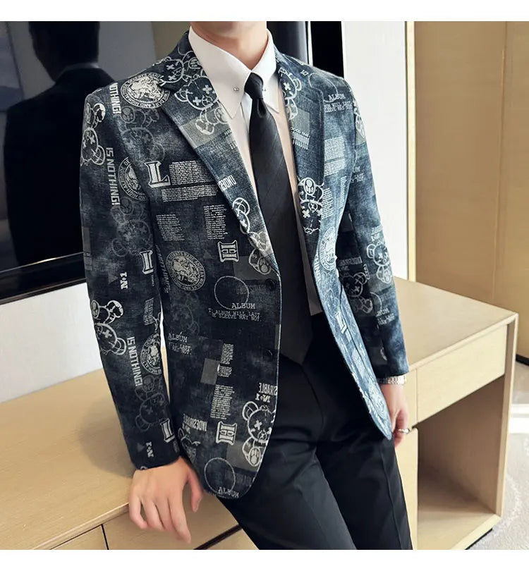 2024 Autumn Winter Jacquard Denim Suit Jacket for Men Fashion Business Casual Blazers Streetwear Social Men Clothing