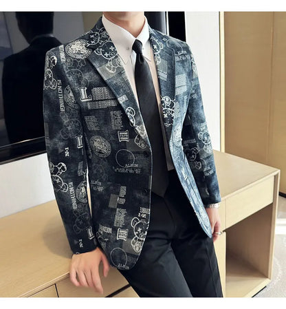 2024 Autumn Winter Jacquard Denim Suit Jacket for Men Fashion Business Casual Blazers Streetwear Social Men Clothing