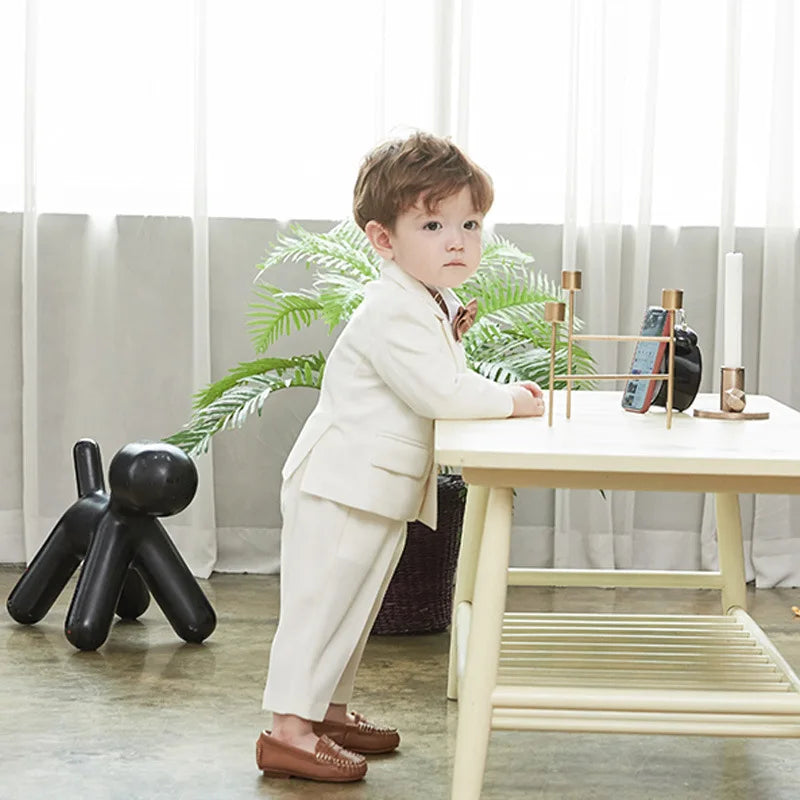 Gentleman Kids Summer White Photography Suit Children Jacket Pants Bowite 3PCS Performance Costume Baby Birthday Wedding Dress