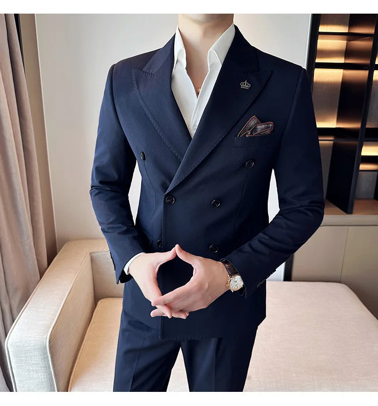 (Blazer + Trousers) Fashion Double Breasted Design Slim Men's Suit Italian Style Luxury Wedding Social Party Tuxedo 2 Piece Set