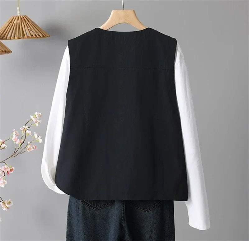 Spring Femme Fashion Vest Outwear Retro Ladies Solid Color Casual Sleeveless Jacket Autumn Women Round Neck Loose Waistcoat Coat