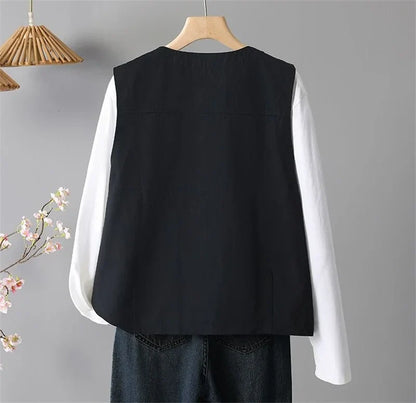 Spring Femme Fashion Vest Outwear Retro Ladies Solid Color Casual Sleeveless Jacket Autumn Women Round Neck Loose Waistcoat Coat