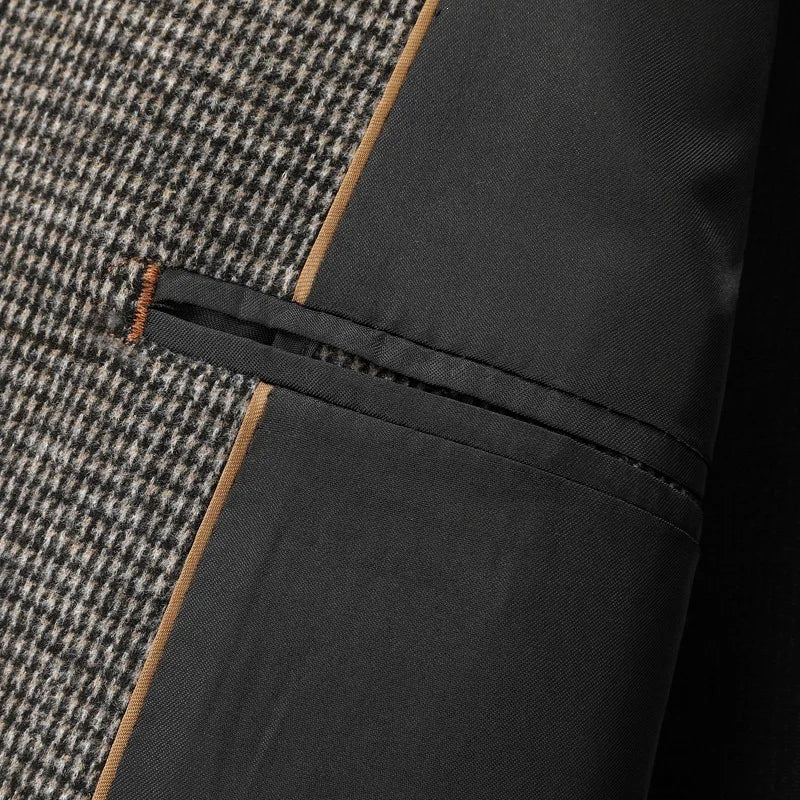 Man Suit Coat Vintage Patchwork Single-breasted Men Blazer Slim Long Sleeve Pocket Male Business Casual Outerwear