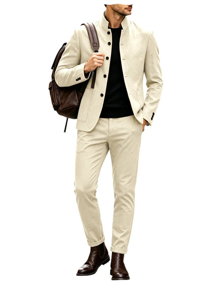 Men Stand Collar Linen Blazer Set Slim Fit 2 Pieces Jacket Pants Breathable Wrinkle‑Resistant Vintage Casual Business Outerwear