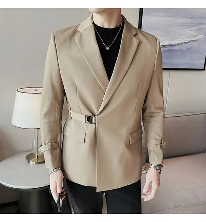 Men's Slim Fit Blazer Metal Buckle Decoration Smart Casual Wedding Party Jacket