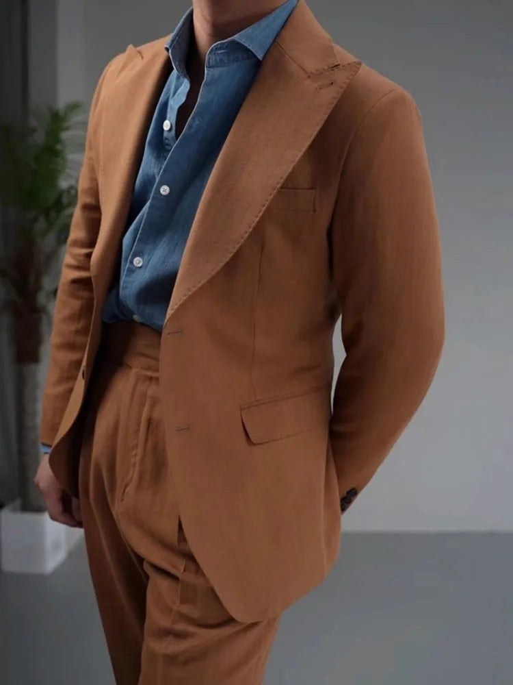 Men's Cotton Linen Two-Piece Suit Set – Slim Fit Business & Wedding