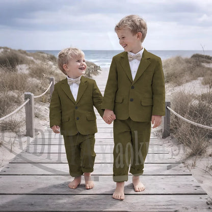 Beige Linen 2 Pieces Boys Suit Jacket Pants Kids Ring Bearer Outfit Breathable Summer Beach Wedding Birthday Party Costume
