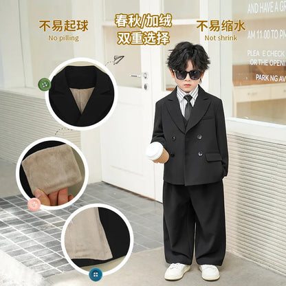 School Boys Double Breasted Blazer Suit Set with Wide Leg Pants Formal Streetwear Outfit for Kids Toddlers Wedding Birthday Part