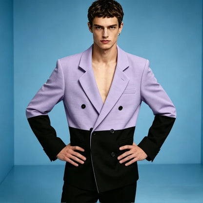 Men's Linen Color Block Blazer Double Breasted Notch Lapel Lightweight summer Sport Coat Fashion Jacket for Party & Streetwear