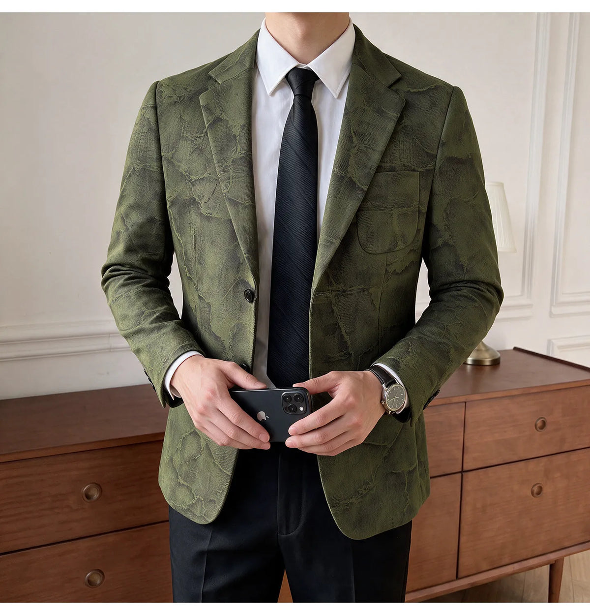 Men's Embossed Suede Blazer Smart Casual Single Breasted Jacket for Everyday Wear