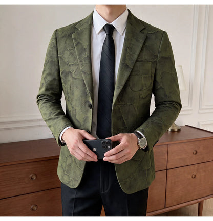 Men's Embossed Suede Blazer Smart Casual Single Breasted Jacket for Everyday Wear