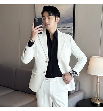 Jacket + Pants 2 Pieces Men's Elegant Fashion Slim Fit Suits Formal Business Wedding Tuxedos Casual Gentleman Solid Dress Suit