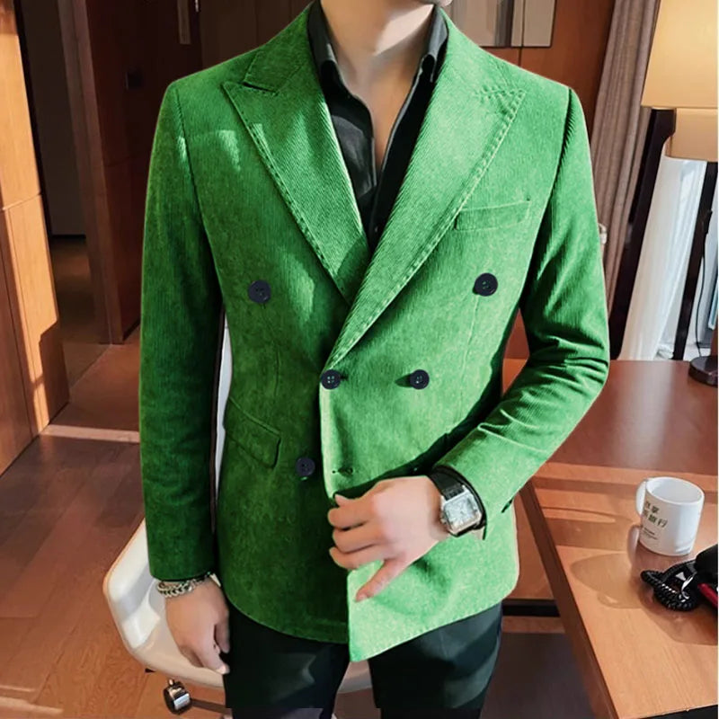 Autumn Winter Corduroy Suit Jacket Purple Man Suit Coat Solid color Double breasted slim fit Suit Man tops