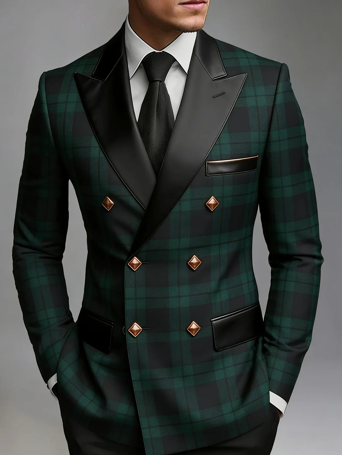 Men's Slim Fit Business Suit Double Breasted Tuxedo Green Tartan Plaid Faux Leather Peak Lapel Wedding Groom Formal Jacket