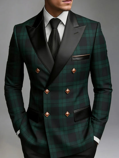 Men's Slim Fit Business Suit Double Breasted Tuxedo Green Tartan Plaid Faux Leather Peak Lapel Wedding Groom Formal Jacket