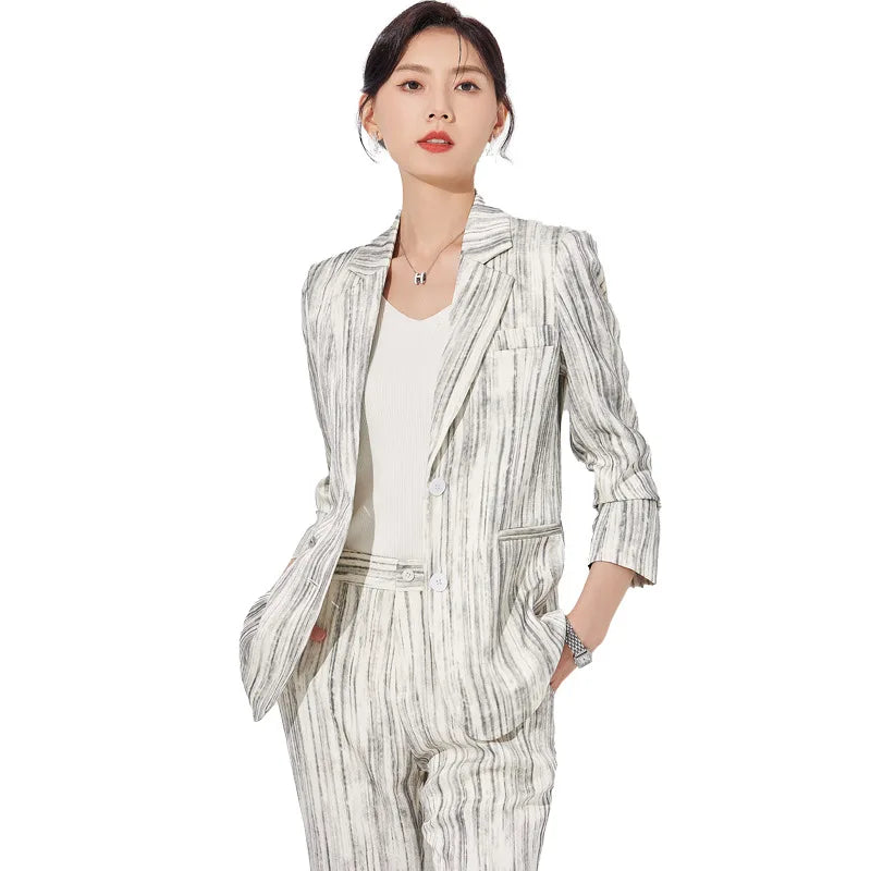 Fashion Women Striped Pants Suit New Spring Business Formal Slim Long Sleeve Thin Blazer and Trousers Office Ladies Work Wear