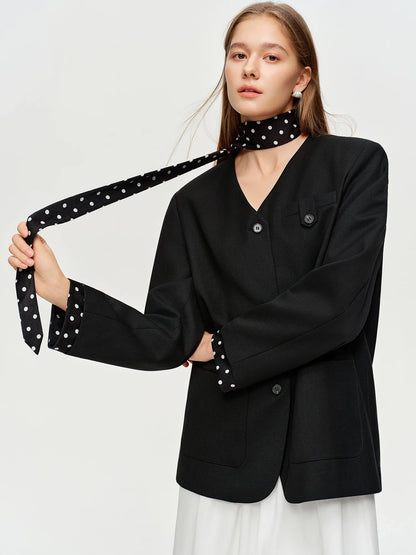 2025 Women's Black Polka Dot Blazer Spring New V-Neck Ribbon Bow Tie Long Sleeve Slim Jacket Retro Office Chic Outerwear