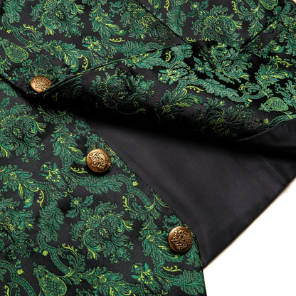 Men's Vest Green Floral Waistcoat with Tie Hanky Cufflinks Set for Wedding Banquet