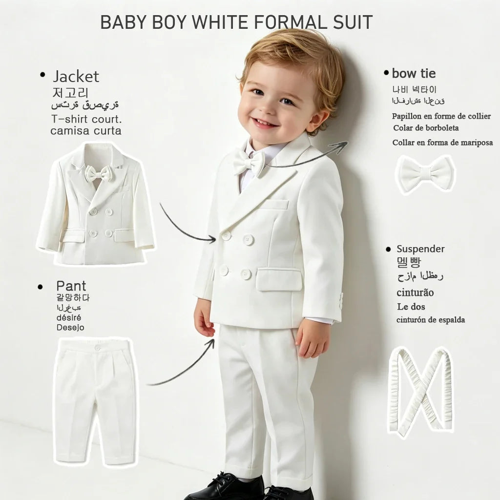 Baby Boy 4Pcs White Formal Suit Double Breasted Blazer Pants Suspenders Bow Tie Toddler Wedding Birthday Party Gentleman Costume
